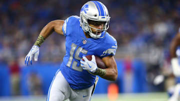 DETROIT, MI - NOVEMBER 12: Golden Tate #15 of the Detroit Lions runs the ball after a catch for a first down during the game against Cleveland Browns at Ford Field on November 12, 2017 in Detroit, Michigan. (Photo by Rey Del Rio/Getty Images)