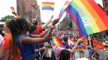 NEW YORK, NY - JUNE 24: Revelers on the amfAR amazon float as amfAR Celebrates NYC Pride 2018 on June 24, 2018 in New York City. (Photo by Rob Kim/Getty Images)