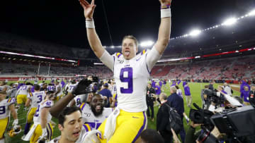 TUSCALOOSA, ALABAMA - NOVEMBER 09: Joe Burrow #9 of the LSU Tigers celebrates defeating the Alabama Crimson Tide 46-41 at Bryant-Denny Stadium on November 09, 2019 in Tuscaloosa, Alabama. (Photo by Kevin C. Cox/Getty Images)