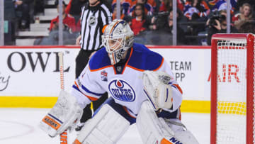 CALGARY, AB - JANUARY 21: Laurent Brossoit #1 of the Edmonton Oilers in action against the Calgary Flames during an NHL game at Scotiabank Saddledome on January 21, 2017 in Calgary, Alberta, Canada. (Photo by Derek Leung/Getty Images)