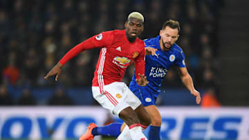 LEICESTER, ENGLAND - FEBRUARY 05: Paul Pogba of Manchester United shields the ball from Daniel Drinkwater of Leicester City during the Premier League match between Leicester City and Manchester United at The King Power Stadium on February 5, 2017 in Leicester, England. (Photo by Laurence Griffiths/Getty Images)