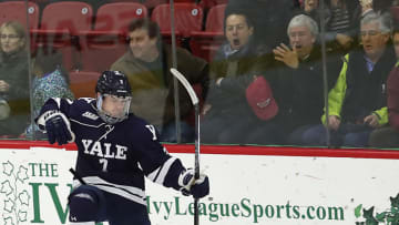 BOSTON - MARCH 10: Yale Bulldogs' Joe Snively celebrates his break away goal in front of Harvard University Crimson fans during second period action. The ECAC quarterfinal men's ice hockey game was played at the Bright-Landry Center, March 10, 2017. (Photo by Matthew J. Lee/The Boston Globe via Getty Images)