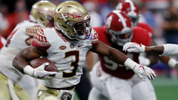 ATLANTA, GA - SEPTEMBER 02: Cam Akers #3 of the Florida State Seminoles rushes with the ball against the Alabama Crimson Tide during their game at Mercedes-Benz Stadium on September 2, 2017 in Atlanta, Georgia. (Photo by Kevin C. Cox/Getty Images)