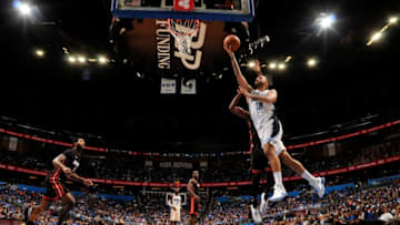 ORLANDO, FL - OCTOBER 18: Evan Fournier #10 of the Orlando Magic shoots the ball during the game against the Miami Heat on October 18, 2017 at Amway Center in Orlando, Florida. NOTE TO USER: User expressly acknowledges and agrees that, by downloading and or using this photograph, User is consenting to the terms and conditions of the Getty Images License Agreement. Mandatory Copyright Notice: Copyright 2017 NBAE (Photo by Fernando Medina/NBAE via Getty Images)