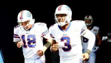 Sep 7, 2014; Chicago, IL, USA; Buffalo Bills quarterback EJ Manuel (3) and quarterback Kyle Orton (18) before the game at Soldier Field. Mandatory Credit: Mike DiNovo-USA TODAY Sports