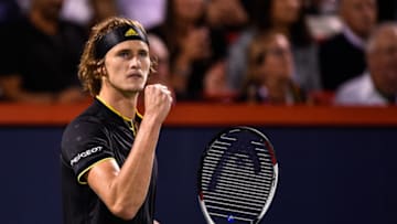 MONTREAL, QC - AUGUST 12: Alexander Zverev of Germany reacts after scoring a point against Denis Shapovalov of Canada during day nine of the Rogers Cup presented by National Bank at Uniprix Stadium on August 12, 2017 in Montreal, Quebec, Canada. (Photo by Minas Panagiotakis/Getty Images)