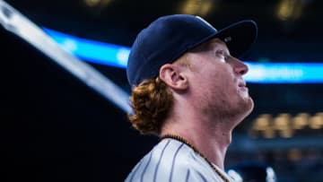 NEW YORK - JULY 31: Clint Frazier #77 of the New York Yankees looks on during the game against the Detroit Tigers at Yankee Stadium on July 31, 2017 in the Bronx borough of New York City. (Photo by Rob Tringali/SportsChrome/Getty Images)