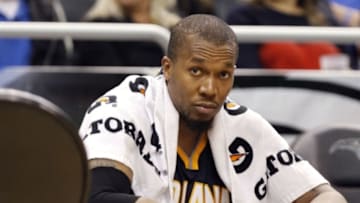 Jan 25, 2015; Orlando, FL, USA; Indiana Pacers forward David West (21) looks on from the bench at a timeout during the second half against the Orlando Magic at Amway Center. Indiana Pacers defeated the Orlando Magic 106-99. Mandatory Credit: Kim Klement-USA TODAY Sports