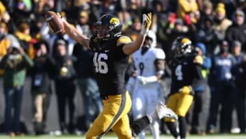 Nov 21, 2015; Iowa City, IA, USA;Iowa Hawkeyes tight end George Kittle (46) celebrates a touchdown catch against the Purdue Boilermakers in the third quarter at Kinnick Stadium. Iowa beat Purdue 40-20. Mandatory Credit: Reese Strickland-USA TODAY Sports