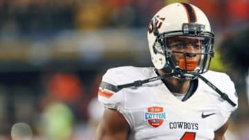 Jan 3, 2014; Arlington, TX, USA; Oklahoma State Cowboys cornerback Justin Gilbert (4) before the game against the Missouri Tigers in the 2014 Cotton Bowl at AT&T Stadium. Missouri won 41-31. Mandatory Credit: Kevin Jairaj-USA TODAY Sports