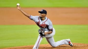 Sep 26, 2015; Miami, FL, USA; Atlanta Braves starting pitcher Julio Teheran (49) throws a pitch during the third inning against the Miami Marlins at Marlins Park. Mandatory Credit: Steve Mitchell-USA TODAY Sports