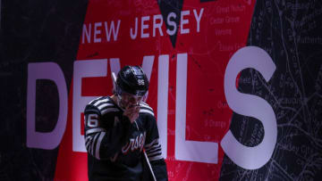 New Jersey Devils center Jack Hughes (86) walks to the locker room after the second period against the Dallas Stars at Prudential Center. Mandatory Credit: Ed Mulholland-USA TODAY Sports
