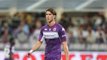 FLORENCE, ITALY - OCTOBER 03: Dusan Vlahovic of ACF Fkiorentina looks on during the Serie A match between ACF Fiorentina v SSC Napoli at Stadio Artemio Franchi on October 3, 2021 in Florence, Italy. (Photo by Gabriele Maltinti/Getty Images)