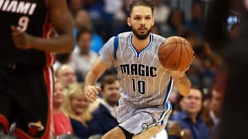 Apr 8, 2016; Orlando, FL, USA; Orlando Magic guard Evan Fournier (10) drives to the basket against the Miami Heat during the second half at Amway Center. Orlando Magic defeated the Miami Heat 112-109. Mandatory Credit: Kim Klement-USA TODAY Sports