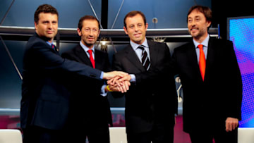 (L-R)Jaume Ferrer,Marc Ingla, Sandro Rosell and Agusti Benedito, (Photo credit JOSEP LAGO/AFP via Getty Images)