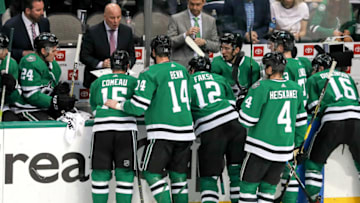 DALLAS, TX - MAY 01: Dallas Stars head coach Jim Montgomery talks with his team during game 4 of the second round of the Stanley Cup Playoffs between the St. Louis Blues and the Dallas Stars on May 1, 2019 at American Airlines Center in Dallas, TX. (Photo by Steve Nurenberg/Icon Sportswire via Getty Images)