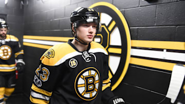 BOSTON, MA - APRIL 8: Jakob Forsbacka Karlsson #23 of the Boston Bruins walks to the ice for warm ups in his first NHL game against the Washington Capitals at the TD Garden on April 8, 2017 in Boston, Massachusetts. (Photo by Steve Babineau/NHLI via Getty Images)