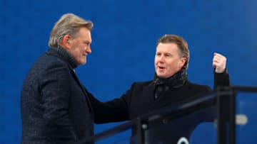 LONDON, ENGLAND - JANUARY 31: (L - R) BT Sport pundit's Glenn Hoddle and Steve McManaman react ahead of the Premier League match between Chelsea and Burnley at Stamford Bridge on January 31, 2021 in London, England. Sporting stadiums around the UK remain under strict restrictions due to the Coronavirus Pandemic as Government social distancing laws prohibit fans inside venues resulting in games being played behind closed doors. (Photo by Julian Finney/Getty Images)