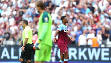 LONDON, ENGLAND - AUGUST 31: Sebastien Haller of West Ham United celebrates after scoring his team's first goal during the Premier League match between West Ham United and Norwich City at London Stadium on August 31, 2019 in London, United Kingdom. (Photo by Jordan Mansfield/Getty Images)