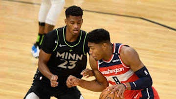 MINNEAPOLIS, MINNESOTA - JANUARY 01: Jarrett Culver #23 of the Minnesota Timberwolves defends against Rui Hachimura #8 of the Washington Wizards during the first quarter of the game at Target Center on January 1, 2021 in Minneapolis, Minnesota. The Wizards defeated the Timberwolves 130-109. NOTE TO USER: User expressly acknowledges and agrees that, by downloading and or using this Photograph, user is consenting to the terms and conditions of the Getty Images License Agreement (Photo by Hannah Foslien/Getty Images)