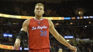 Feb 5, 2015; Cleveland, OH, USA; Los Angeles Clippers forward Blake Griffin (32) reacts in the third quarter against the Cleveland Cavaliers at Quicken Loans Arena. Mandatory Credit: David Richard-USA TODAY Sports