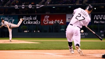 DENVER, CO - SEPTEMBER 5: Trevor Story #27 of the Colorado Rockies hits a home run off a pitch from Andrew Suarez #59 of the San Francisco Giants in the first inning on September 5, 2018 at Coors Field in Denver, Colorado. (Photo by Julio Aguilar/Getty Images)