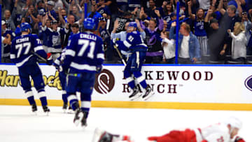 TAMPA, FLORIDA - JUNE 05: Steven Stamkos #91 of the Tampa Bay Lightning celebrates a second period goal during Game Four of the Second Round of the 2021 Stanley Cup Playoffs against the Carolina Hurricanes at Amalie Arena on June 05, 2021 in Tampa, Florida. (Photo by Mike Ehrmann/Getty Images)