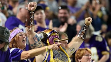 MINNEAPOLIS, MN - SEPTEMBER 18: Minnesota Vikings fans react during the first half of the game against the Green Bay Packers on September 18, 2016 at US Bank Stadium in Minneapolis, Minnesota. The Vikings went on to win the game 17-14. (Photo by Hannah Foslien/Getty Images)