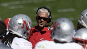 Sep 26, 2015; Boulder, CO, USA; Nicholls State Colonels head coach Charlie Stubbs talks to his players in the fourth quarter against the Colorado Buffaloes at Folsom Field. The Buffaloes defeated the Colonels 48-0. Mandatory Credit: Ron Chenoy-USA TODAY Sports