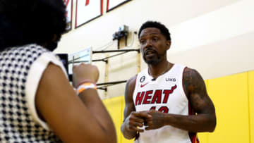 Udonis Haslem #40 of the Miami Heat is interviewed during media day at FTX Arena (Photo by Megan Briggs/Getty Images)