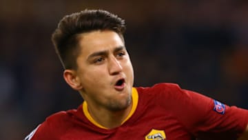 OLIMPICO STADIUM, ROME, LAZIO, ITALY - 2018/10/23: Roma's Turkish striker Cengiz Under celebrates after scoring a goal during the UEFA Champions League football match AS Romai vs CSKA Moskow at the Olimpico Stadium.AS Roma won the match 3-0. (Photo by Carlo Hermann/KONTROLAB /LightRocket via Getty Images)