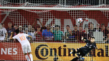 TORONTO, ON - June 26 In second half action, Toronto FC goalkeeper Quentin Westberg (16) keeps his eye on a last second penalty kick by Atlanta United midfielder Gonzalo Martinez (10) that went high and lost Atlanta the game.The Toronto Football Club (TFC) beat the Atlanta United FC 3-2 in MLS soccer action at BMO Field.June 26, 2019 (Richard Lautens/Toronto Star via Getty Images)