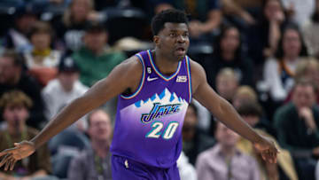 SALT LAKE CITY UT- NOVEMBER 23: Udoka Azubuike #20 of the Utah Jazz sets up for defense during the first half of their game against the Detroit Pistons November 23, 2022 at the Vivint Arena in Salt Lake City, Utah. NOTE TO USER: User expressly acknowledges and agrees that, by downloading and using this photograph, User is consenting to the terms and conditions of the Getty Images License Agreement (Photo by Chris Gardner/ Getty Images)