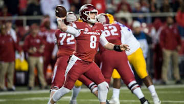 Nov 12, 2016; Fayetteville, AR, USA; Arkansas Razorbacks quarterback Austin Allen (8) throws a pass during the fourth quarter of the game against the LSU Tigers at Donald W. Reynolds Razorback Stadium. LSU won 38-10. Mandatory Credit: Brett Rojo-USA TODAY Sports