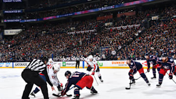 COLUMBUS, OH - APRIL 17: Brandon Dubinsky #17 of the Columbus Blue Jackets takes a face off against T.J. Oshie #77 of the Washington Capitals in Game Three of the Eastern Conference First Round during the 2018 NHL Stanley Cup Playoffs at Nationwide Arena in Columbus, Ohio. (Photo by Jamie Sabau/NHLI via Getty Images) *** Local Caption *** Brandon Dubinsky;T.J. Oshie
