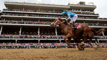 LOUISVILLE, KENTUCKY - MAY 06: Mage #8, ridden by jockey Javier Castellano crosses the finish line to win the 149th running of the Kentucky Derby at Churchill Downs on May 06, 2023 in Louisville, Kentucky. (Photo by Michael Reaves/Getty Images)