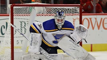 CHICAGO, IL - OCTOBER 01: Jordan Binnington #50 of the St. Louis Blues makes a save against the Chicago Blackhawks during a preseason game at the United Center on October 1, 2016 in Chicago, Illinois. The Blackhawks defeated the Blues 4-0. (Photo by Jonathan Daniel/Getty Images)
