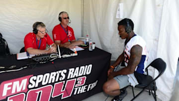 Aug 12, 2015; Englewood, CO, USA; Denver Broncos wide receiver Demaryius Thomas (88) does a radio spot following training camp activities at the UCHealth Training Center. Mandatory Credit: Ron Chenoy-USA TODAY Sports