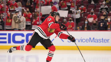 CHICAGO, ILLINOIS - JANUARY 13: Lukas Reichel #27 of the Chicago Blackhawks skates before a game against the Montreal Canadiens at United Center on January 13, 2022 in Chicago, Illinois. (Photo by Patrick McDermott/Getty Images)