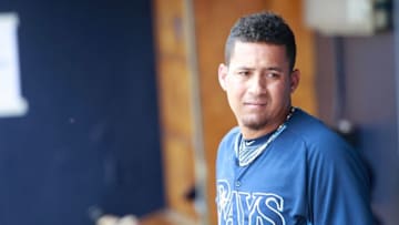 Mar 9, 2015; Tampa, FL, USA; Tampa Bay Rays relief pitcher Ernesto Frieri (43) in the dugout against the New York Yankees at a spring training baseball game at George M. Steinbrenner Field. Mandatory Credit: Kim Klement-USA TODAY Sports