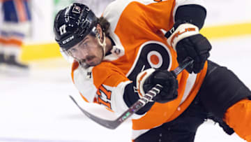 Oct 4, 2022; Philadelphia, Pennsylvania, USA; Philadelphia Flyers center Zack MacEwen (17) pregame against the New York Islanders at Wells Fargo Center. Mandatory Credit: Bill Streicher-USA TODAY Sports