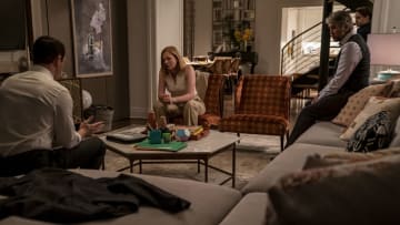 From left to right: Kendall (Jeremy Strong), Siobhan (Sarah Snook), Connor (Alan Ruck), and Roman (Kieran Culkin) in season 3, episode 2 of Succession.