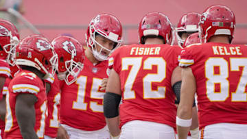 Nov 8, 2020; Kansas City, Missouri, USA; Kansas City Chiefs quarterback Patrick Mahomes (15) talks in the huddle during the first half against the Carolina Panthers at Arrowhead Stadium. Mandatory Credit: Denny Medley-USA TODAY Sports