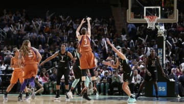 NEW YORK, NY - JUNE 5: Diana Taurasi #3 of the Phoenix Mercury shoots the ball against the New York Liberty on June 5, 2018 at Madison Square Garden in New York, New York. NOTE TO USER: User expressly acknowledges and agrees that, by downloading and/or using this photograph, user is consenting to the terms and conditions of the Getty Images License Agreement. Mandatory Copyright Notice: Copyright 2018 NBAE (Photo by Steve Freeman/NBAE via Getty Images)