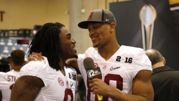 Jan 9, 2016; Phoenix, AZ, USA; Alabama Crimson Tide tight end O.J. Howard (88) interviews teammate running back Bo Scarborough (9) during media day at Phoenix Convention Center. Mandatory Credit: Matthew Emmons-USA TODAY Sports