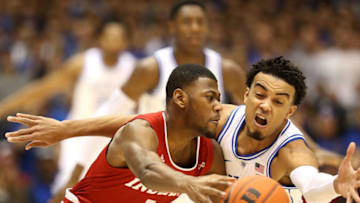 DURHAM, NC - NOVEMBER 27: Tre Jones #3 of the Duke Blue Devils goes after the ball against Aljami Durham #1 of the Indiana Hoosiers during their game at Cameron Indoor Stadium on November 27, 2018 in Durham, North Carolina. (Photo by Streeter Lecka/Getty Images)