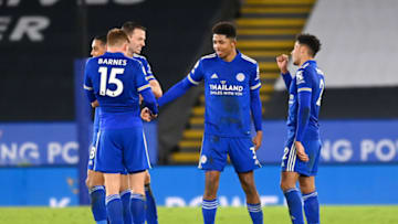 Harvey Barnes, Jonny Evans Wesley Fofana and James Justin of Leicester City (Photo by Michael Regan/Getty Images)