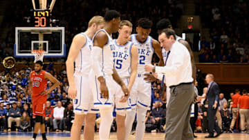 DURHAM, NORTH CAROLINA - FEBRUARY 02: Head coach Mike Krzyzewski of the Duke Blue Devils huddles with his team during the second half of their game against the St. John's Red Storm at Cameron Indoor Stadium on February 02, 2019 in Durham, North Carolina. Duke won 91-61. (Photo by Grant Halverson/Getty Images)