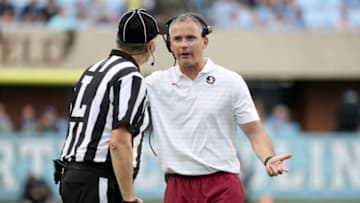 CHAPEL HILL, NORTH CAROLINA - OCTOBER 09: Head coach Mike Norvell of the Florida State Seminoles questions an official during the first half of their game against the North Carolina Tar Heels at Kenan Memorial Stadium on October 09, 2021 in Chapel Hill, North Carolina. (Photo by Grant Halverson/Getty Images)
