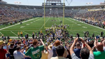 Apr 16, 2016; South Bend, IN, USA; The Notre Dame Fighting Irish take the field for the Blue-Gold Game at Notre Dame Stadium. Mandatory Credit: Matt Cashore-USA TODAY Sports